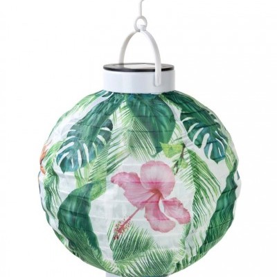 Luminária redonda de papel com estampa de folhas verdes e flor rosa