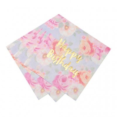 Guardanapos de papel com padrão floral e texto dourado 'Happy Birthday'