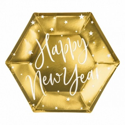 Prato de festa hexagonal dourado com texto Happy New Year e estrelas brancas