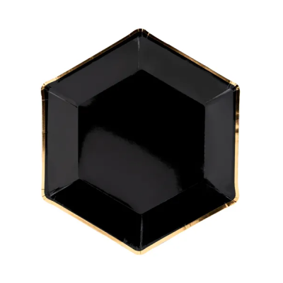 Prato hexagonal preto com bordas douradas