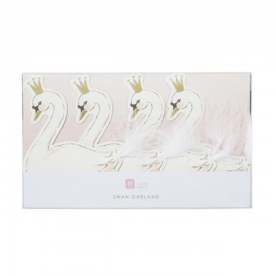 Guirlanda de cisnes brancos com coroas douradas e penas em embalagem branca e rosa
