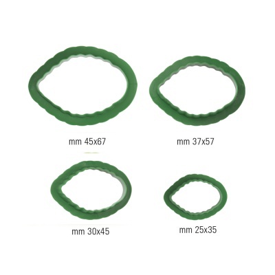 Quatro anéis verdes ondulados de vários tamanhos com medidas em milímetros