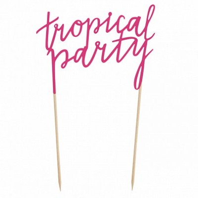 Topo de bolo com texto 'tropical party' cor de rosa