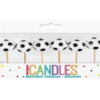 Velas de aniversário bolas de futebol embaladas em caixa transparente.