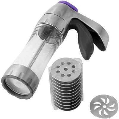 Dispositivo de cozinha transparente e cinzento com botão roxo e acessórios metálicos