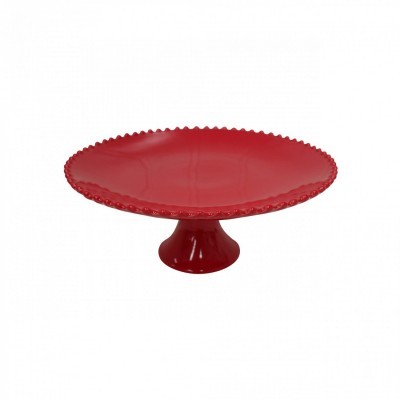 Prato de bolo vermelho com suporte pedestal e borda decorativa