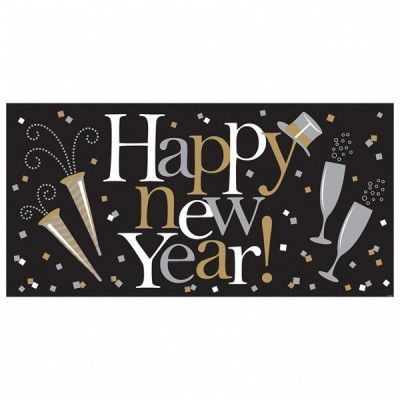 Cartaz decorativo de Ano Novo com texto 'Happy new Year!' em preto, dourado e branco