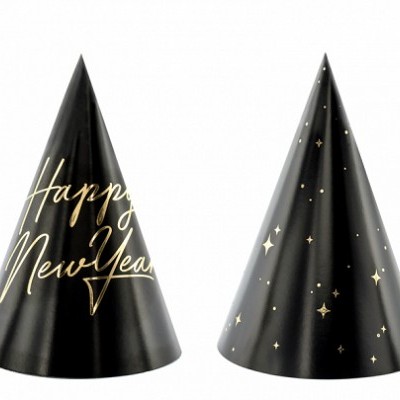 Dois chapéus de festa pretos com detalhes dourados, um com 'Happy New Year' e outro com estrelas.