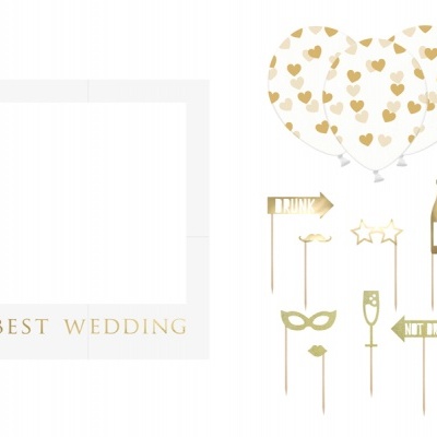 Acessórios de festa de casamento em dourado e branco com moldura BEST WEDDING
