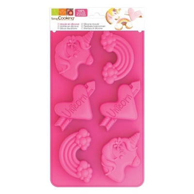Forma de silicone rosa com desenhos de unicórnios, arcos-íris e corações com a palavra Unicorn