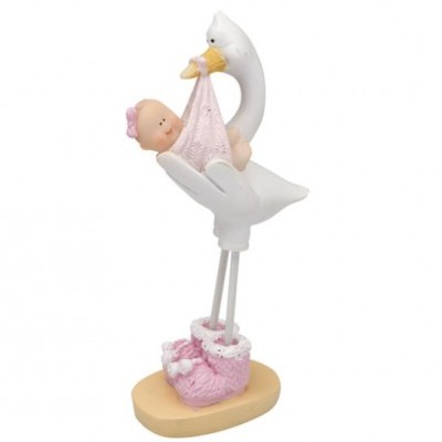 Figura decorativa de cegonha a segurar bebé cor-de-rosa