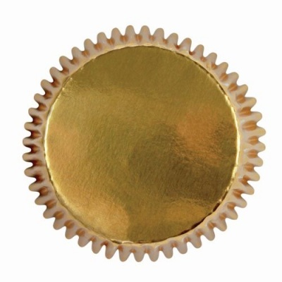 Papelinho de cupcake dourado com bordas onduladas brancas e douradas