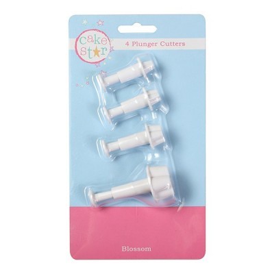 Conjunto de 4 cortadores de massa brancos com êmbolos em embalagem azul e rosa