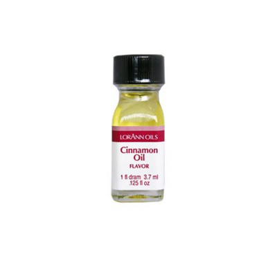 Frasco de óleo de canela com rótulo branco e vermelho