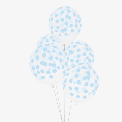 Quatro balões transparentes com bolinhas azuis