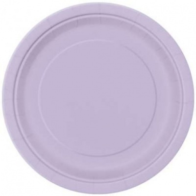 Prato descartável de papel lilás com borda alargada e lisa