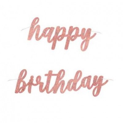 Decoração de festa com as palavras 'happy' e 'birthday' em glitter rosa