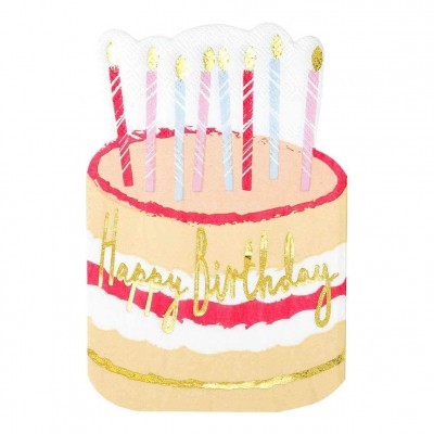 Guardanapo decorativo em forma de bolo com velas e texto dourado 'Happy birthday'