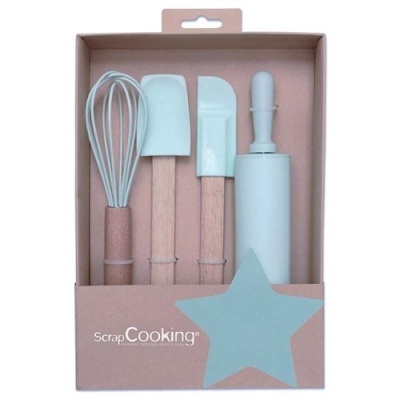 Conjunto utensílios de cozinha silicone azul claro e madeira em embalagem rosa