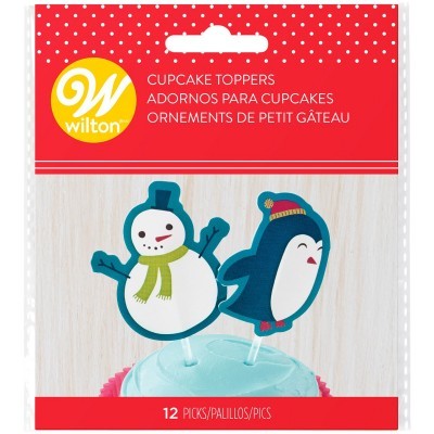 Pacote de toppers para cupcakes com boneco de neve e pinguim.