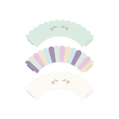 Capas para cupcakes em papel coloridas e decorativas com olhos fechados e bochechas rosadas