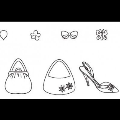 Ícones a preto e branco de moda com mochilas e calçado feminino desenhados em linha.