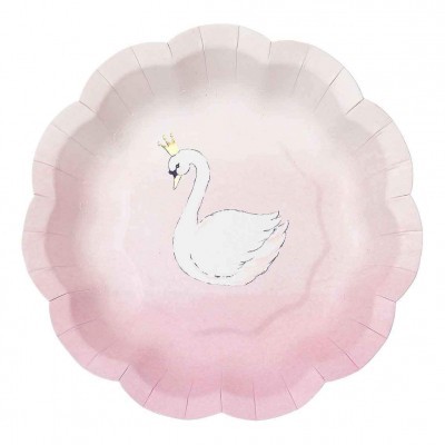 Prato descartável cor de rosa com desenho de cisne branco com coroa