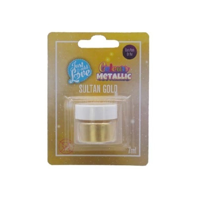 Frasco pequeno de tinta metálica dourada com tampa branca em embalagem amarela