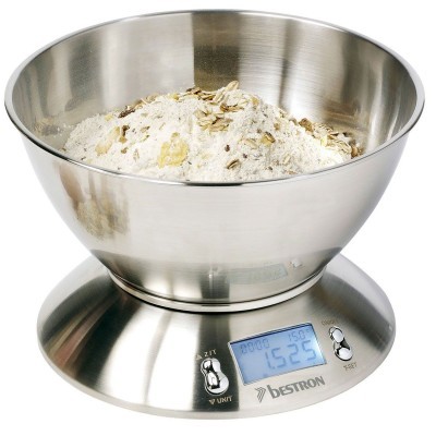 Balança de cozinha eletrónica Bestron em metal inoxidável com tigela e farinha
