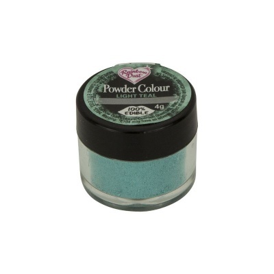 Pó de cor azul claro em frasco pequeno com tampa preta e rótulo no topo