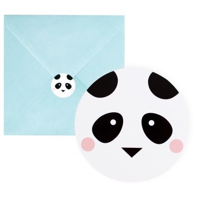 Cartão redondo com rosto de panda e envelope azul claro