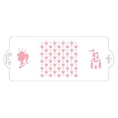 Stencil plástico branco com desenhos rosa de princesa, coroas e castelo