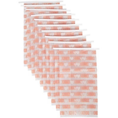 sacos plásticos transparentes com padrão laranja e branco e fecho zip