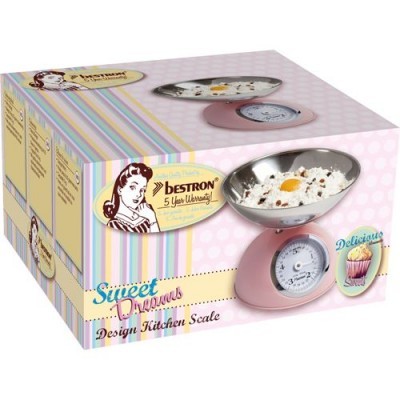 Embalagem de balança de cozinha rosa com taça metálica e mostrador circular
