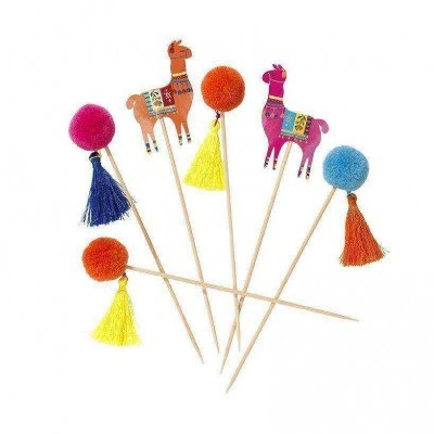 Palitos decorativos com pompons e llamas coloridas