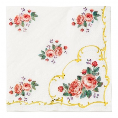 Guardanapo branco com padrão floral de rosas cor-de-rosa e folhas verdes, ornamentação amarela