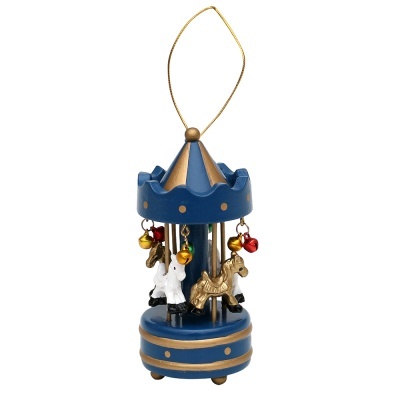 Carrossel decorativo pendurado azul e dourado com cavalos e sinos
