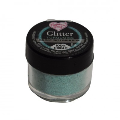 Frasco pequeno com glitter turquesa com tampa preta e rótulo com texto