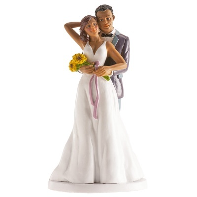 Figura decorativa de noivos para bolo com vestido branco e fato cinzento
