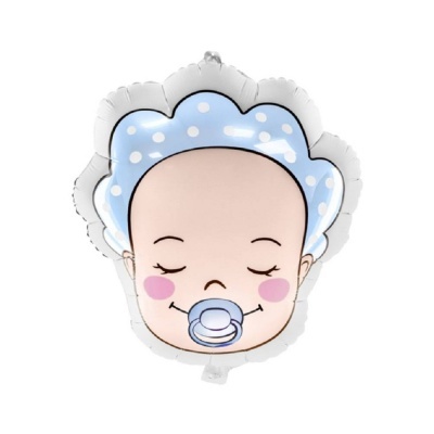 Balão metalizado de rosto de bebé com chupeta e touca azul clara às bolinhas brancas