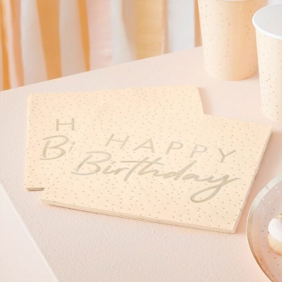 Guardanapos de papel creme com texto Happy Birthday e pontos dourados