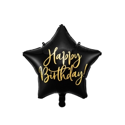 Balão metalizado estrela preto com texto dourado 'Happy Birthday!'