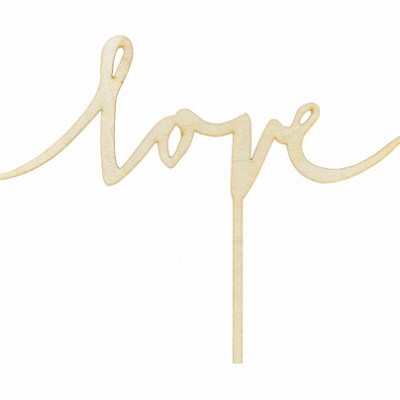 Decoração de madeira com a palavra 'love' em estilo cursivo