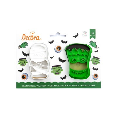 Conjunto de 2 cortadores de massa Halloween, fantasma branco e Frankenstein verde, embalagem com desenhos temáticos.
