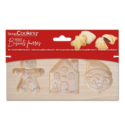 Molde para biscoitos em madeira com três formas distintas para biscoitos