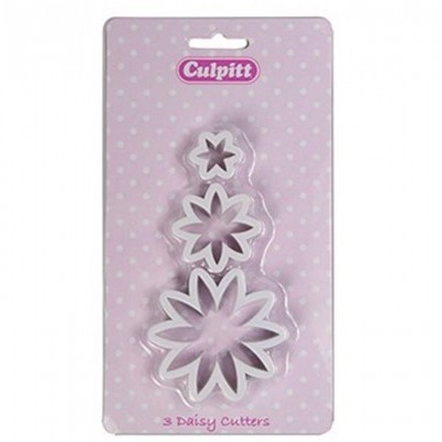 Conjunto de 3 cortadores de margarida brancos em embalagem rosa com bolinhas