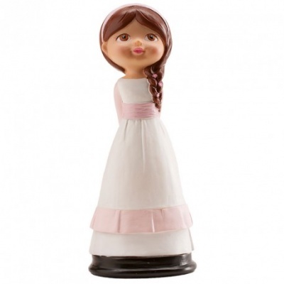 Figura decorativa de menina com vestido branco e cor-de-rosa