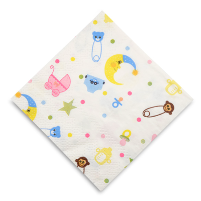 Guardanapo de papel branco com desenhos coloridos de ursinhos, estrelas, lua, chupetas e carrinhos de bebé