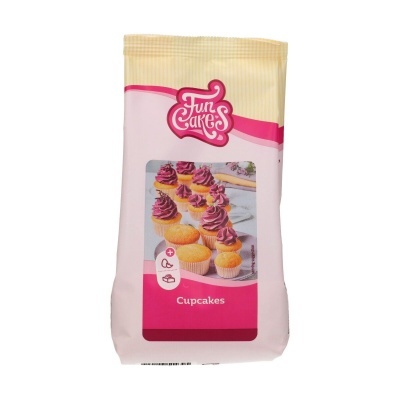 Embalagem de cupcakes Fun Cakes cor rosa e creme com imagem de cupcakes