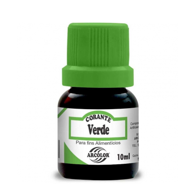 Frasco pequeno com etiqueta branca e tampa verde, corante alimentar verde ARCOLOR 10ml